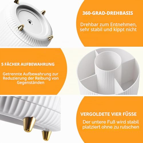 360° Drehbar Make up Organizer, Pinselhalter Kosmetik Aufbewahrung mit 5 Fächern, Aesthetic Schminktisch Organizers für Zimmer Decor Frisiertisch, Schlafzimmer,Badezimmer Organisation (Weiß)