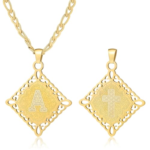 LETFLY Initial Necklaces for Women Men, 18K Gold Plated Square Letter Cross Pendant, Alphabets A Figaro Chain Jewelry Gifts