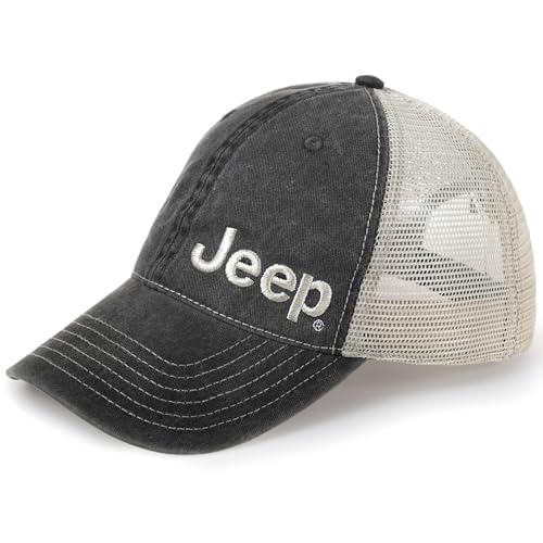 Jeep Garment Washed Text Logo Trucker Hat – | Unstructured Low Profile Cap with Mesh Back & Snap Closure