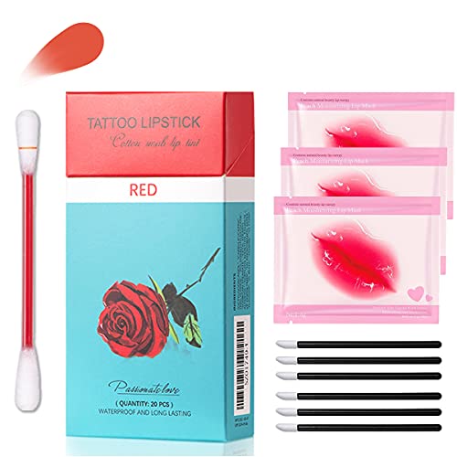 Cotton Swab Tattoo Lipstick Kit, Long Lasting Waterproof Liquid Non-Stick Lip Stain Set, Portable Lip Gloss Lip Tint 20pcs Lipstick with Collagen Lip Masks and Brushes (Red)