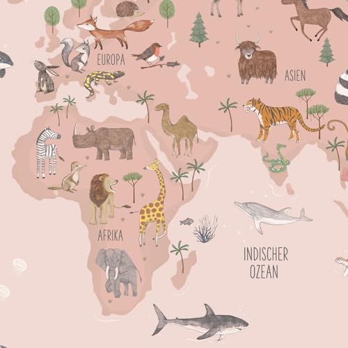 Schreibtischunterlage für Kinder – „Weltkarte Tiere rosa deutsch“ – 60 x 40 cm – Lernunterlage aus langlebigem abwaschbarem Premium Vinyl – Desk Pad, Mädchen pink - Made in Germany