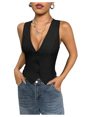 Floerns Women's Casual Button Up Sleeveless Suit Jacket V Neck Dressy Vest Waistcoat