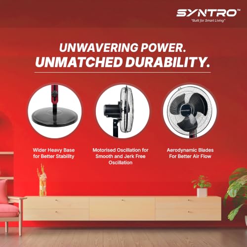 Image of Syntro Aeromax 400 MM High Speed Pedestal Fan for Home and Office - 2-in-1 Convertible Table Fan, Powerful Air Delivery, Aerodynamic Blades, Black Maroon Finish