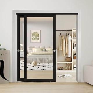 JUBEST 72" x 80" Mirror Closet Door, Preassembled One Side Mirror Door with Hardware Kit & Matching Fascia, Solid Wood Frame with Water-Proof PVC Surface, Easy to Install, Black