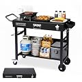 ROVSUN Outdoor Grill Table Cart, Foldable Grill Cart with Wheels, Rolling Table for Griddles, Pizza Oven Stand, Food Prep Table w/Bottle Opener, Seasoning Tray, Rubbish Bag Holder