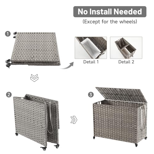 Laundry Hamper with Wheels, 60.72 Gallon(230L) Rolling Laundry Basket with Lid, Removable Large 3 Color Liners & 3 Mesh Laundry Bags, Clothes Hamper with Side Pocket, Grey by Hiagnete - Used condition - Image 5