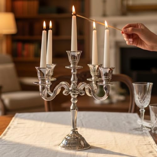 Image of Aluminum Metal 5-Arm 8inch German Silver Candelabra for Dining Table | Vintage Candle Stand for Romantic Dinner, Home & Wedding Decor