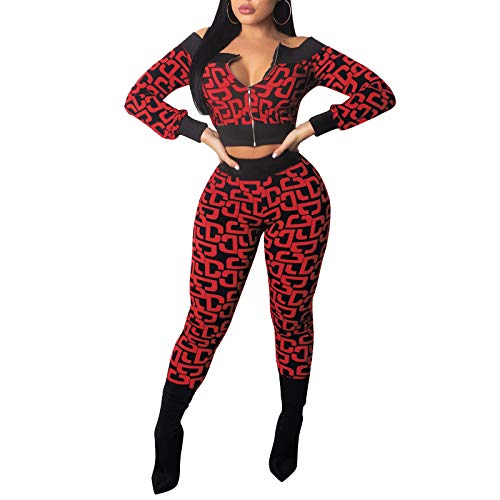 Women 2 Piece Outfits Sweatsuit Set - Off Shoulder Long Sleeve Zip Track Jacket Bodycon Pants Tracskuit Jogger Set Burgundy S