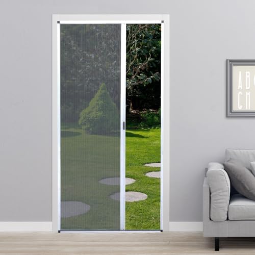 MaKefeile No-Drilling Retractable Screen Door, Folding Sliding Screen Doors with Aluminum Frame for Patio French Front Door Bedroom kitchen, Custom Screen for Single/Double Door, Customize Size, White