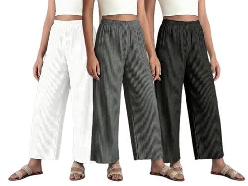 Image of Set of Combo Trouser and Pants for Girls and Women's Relaxed Fit Stretchable Regular Fit Palazzos Lightweight Elastic Waistband Bottoms for Daliy Office & Casual Wear