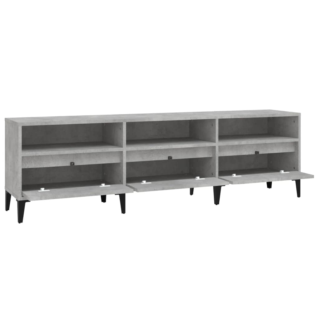 Mobile TV grigio cemento in legno multistrato e metallo 150x30x44,5 cm con ampio spazio portaoggetti, ripiani e scomparti per soggiorno, base supporto televisore e consolle