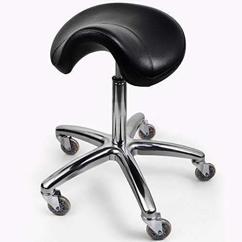 Professional Salon spa Saddle Chair and Rolling Saddle Stool. The Saddle Chair has Wheels, Luxurious Cushion and a Solid Metal Skeleton.