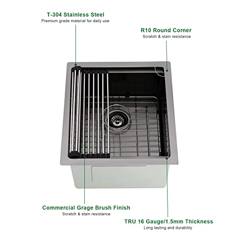 15 X 15 Small Bar Sink, Pepo Black Wet Bar Prep Sink Undermount 16 Gauge Stainless Steel Square Workstation Kitchen Sink With Sink Protector, Drain, Cutting Board (15” X 15” X 9”) #TOP2