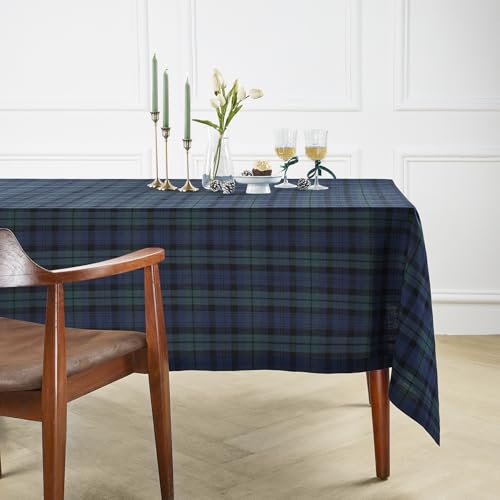Solino Home Linen Tablecloth 60 x 108 Inch – 100% Pure Linen Blue and Green Blackwatch Plaid Tablecloth – Machine Washable Tablecloth for Thanksgiving, Christmas Decor