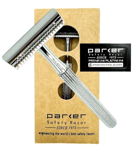 Parker 78R Double Edge Safety Razor with 5 Safety Razor Blades, Women & Menâ€™s Safety Shaving Razor, Reusable Razor, Plastic Free â€“ CHROME
