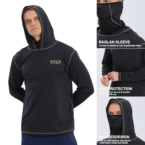 Fishing Hoodie Shirts for Men,2 Packs Performance Long Sleeve Sun Protection Hoodie with face Mask Mens Running Hiking Shirt(M) — view 4