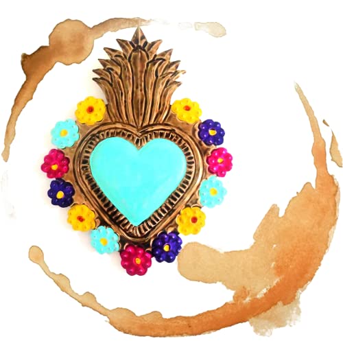 Irekua Mexican Tin Hearts 5 Pieces Art Wall Decor 6" Mexican Decorations Milagros Mexicanos Hand Painted Colorful Metal Charms Folk Art Sacred Craft Mexico Decorations -Handmade #TOP3
