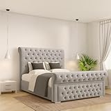 Attock Beds Modern Sleigh Bed with Ottoman Storage and Mattress Options - Handmade in the UK - Deep Button Tufting (Silver Plush, King 5ft Bed Frame)