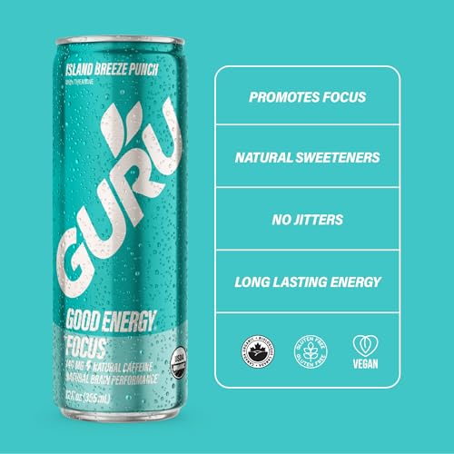 Image of GURU Energy Drink, Island Breeze Organic Sparkling Energy Drink with Real Fruit Juice + L Theanine, 140 MG Natural Caffeine for Workouts, Performance & Midday Boost, Plant Based, Gluten Free, 12 Fl Oz, 24 Pack