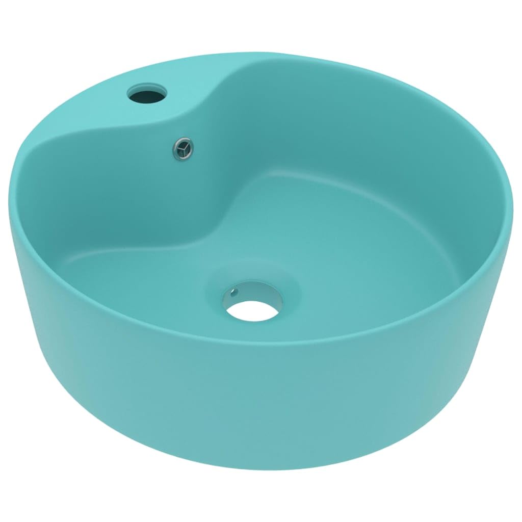 Okrągła umywalka ceramiczna z przelewem 36 x 13 cm | Matowy jasnozielony, otwór na kran, odpływ 4,5 cm, do konsoli łazienkowej