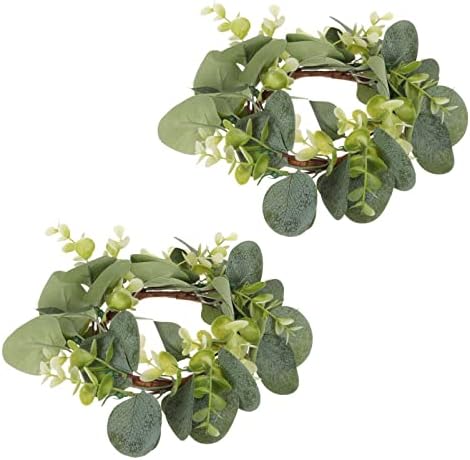 HOMSFOU 2Pcs Artificial Eucalyptus Leaves Candle Rings Wreaths Candle Holder Wreath Pillar Candle Holder Wedding Party Desktop Decoration ( Green )