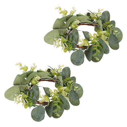 Homsfou 2Pcs Artificial Eucalyptus Leaves Candle Rings Wreaths Candle Holder Wreath Pillar Candle Holder Wedding Party Desktop Decoration ( Green ) #TOP23