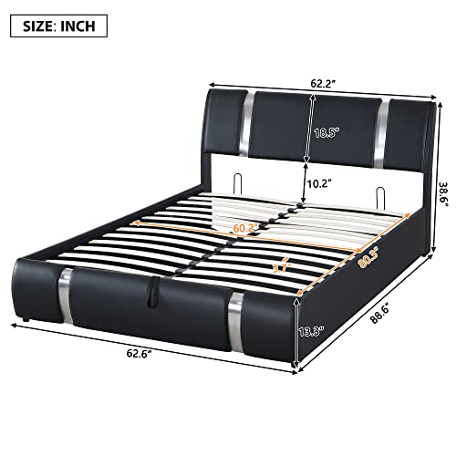 Polibi Faux Leather Upholstered Platform Bed with Hydraulic Storage System, Queen Size Solid Wood and Metal Bed Frame with Headboard, Box Spring No Required, Black