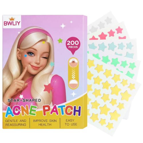 BWLIY Star-Shaped Pimple Patches, 3 Sizes, 200 Count Acne Patches, Hydrocolloid Patches for Covering Pimples and Blemishes, Absorbs Fluid, Reduces Redness, Vegan, Cruelty-Free Skincare