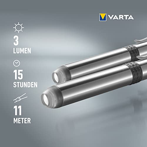 VARTA 2x Diagnostikleuchte LED Doppelpack inkl. 1x AAA Batterie, Pen Light, Pupillenleuchte, extrem schlanke und leichte Stiftlampe, Taschenlampe, für Einsätze im Krankenhaus, Arztpraxis, Silber