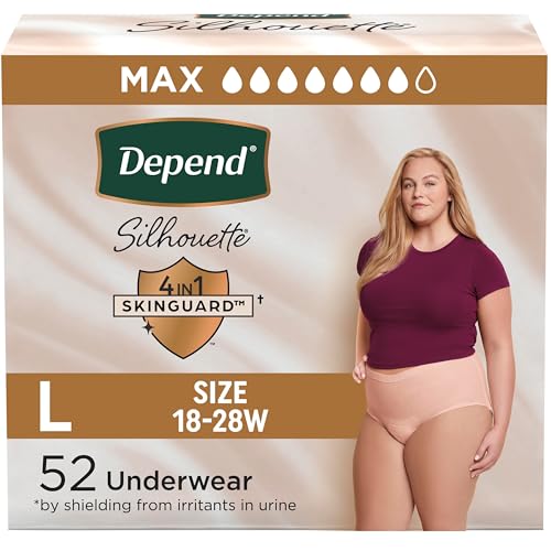 Image of Depend Silhouette Adult Diapers, Incontinence & Postpartum Bladder Leak Underwear for Women, Maximum Absorbency, Large, Pink, 52 Count (2 Packs of 26), Packaging May Vary