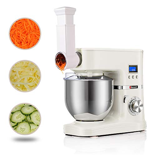 HAUSWIRT Batteur sur Socle 3 en 1 Blanc avec Eminceur de Légumes, Robot Patissier de Cuisine avec Ecran LCD & Trancheuse de Légumes & Bol 5.5L, Pétrisseur Électrique Mixeur Multifonction Cover