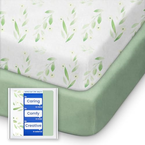 Image of Pack N Play Sheets Fitted for Girls Boys, TotBasic Boho Mini Crib Sheets for Pack and Play/Mini Crib Mattress, Premium Soft Stretchy Jersey for Breathable Comfort - 2 Pack (Sage Green&Botanical Leaf)