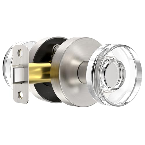 naubea Satin Nickel Door Knobs Glass Door Knobs Interior Round Passage Door Knob Crystal Interior Door Knob for Closet and Hallway, Brushed Nickel