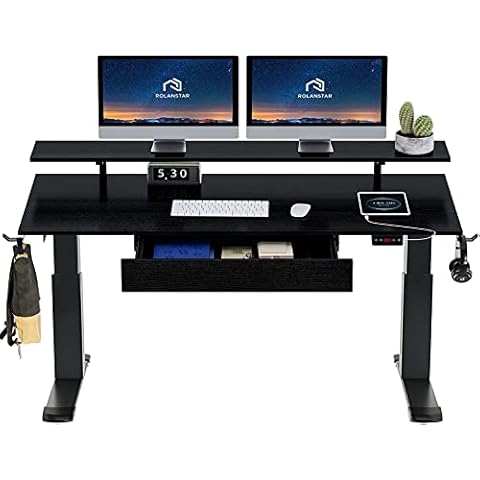 Rolanstar Standing Desk Dual Motor with USB Charging Ports, 47" Adjustable Height Desk with Drawer and Monitor Shelf, Electric Standing Desk with Double Headphone Hook, Black Cover