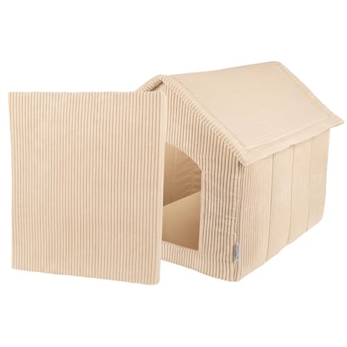 Petsona Hundehütte Rippenstrickstoff Waschbarer Bezug Reißverschlussdach, Beige,XL