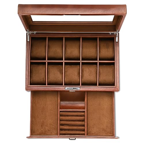 Image of Leather Watch Box with Drawer-10 Slots Locking Jewelry Watches Holder for Men-Luxury Watch Case Display Organizer-2 Tier Organizer Watch Showcase-Storage Case