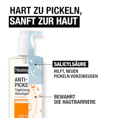 Neutrogena Anti-Pickel Tägliches Waschgel 200ml,sanftes Anti Pickel Gel mit 2Prozent Salicylsäure BHA,porentiefe Gesichtsreinigung hilft die Haut zu glätten,entfernt überschüssiges Öl und Unreinheiten