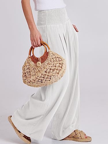 Anrabess Women Linen Palazzo Pants Summer Boho Wide Leg High Waist Casual Lounge Pant 2024 Beach Travel Vacation Outfits White X-Large thumb #2
