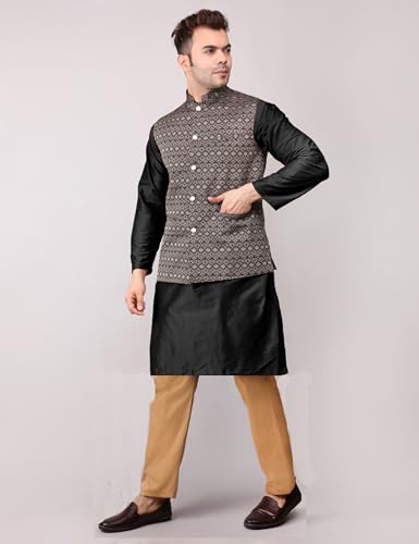 Image of Men's Cotton Silk Blend Regular Kurta Pyjama, Embroidered Nehru Jacket /Waistcoat Set