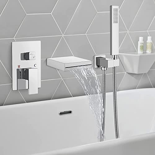 Chrome Polished Waterfall Bathtub Faucet With Hand Held Shower Wall Mounted Rough In Valve Bathroom Tub Filler Spout Bathtub Sprayer Solid Brass #TOP1