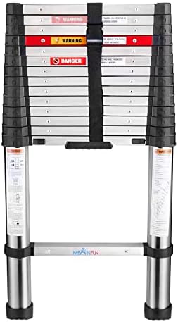 15.5 FT Stainless Steel Telescoping Ladder, MEANFUN Collapsible Extension Loft Ladder with One-Button Retraction, Slow-Close Design Anti-Pinch Compact Ladder for homeowners or DIYs, 330 LB Capacity