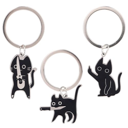 3pcs Black Cat Keychains, Stainless Steel Cool Stuff for Keychain 3 Styles Cute Cat Bag Charm for Man Women Purse Bag Decor Halloween Christmas Friendship Gifts