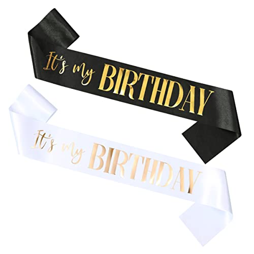 Docooniver 2 Pack Its my Birthday Sash for Women Men Adult Girls Kids Happy Birthday Decorations Accessories Gifts Black and White Sashes with Gold and Rose Gold Lettering