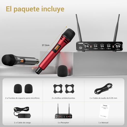 TONOR Micrófono Inalámbrico, Dual Mic UHF Sistema de Micrófono Dinámico de Mano con Receptor, Compatible con Amplificador, Sistema PA, para Karaoke Domestico, Boda, DJ, Fiesta, Iglesia, TW350, Rojo - imagen 6