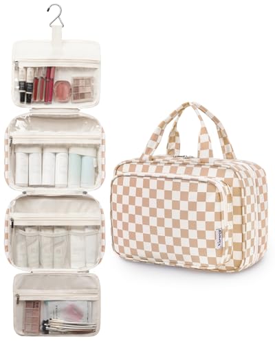 Image of Narwey Large Hanging Toiletry Bag Travel Makeup Bag Cosmetic Organizer for Women and Girls, Z-Light Checkerboard, Large