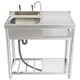 ROOMTEC 304 Stainless Steel Single Bowl Utility Sink Set, Commercial Restaurant Kitchen Sink, Outdoor Sink with Workbench & Storage Shelve with Hot and Cold Water Pipes (39 in (Left bowl))