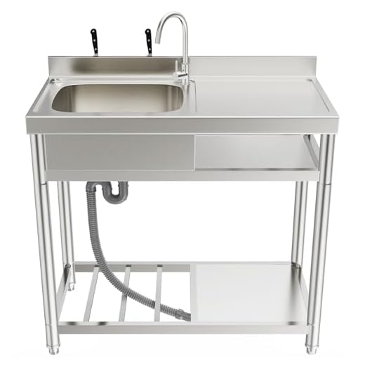 ROOMTEC 304 Stainless Steel Single Bowl Utility Sink Set, Commercial Restaurant Kitchen Sink, Outdoor Sink with Workbench & Storage Shelve with Hot and Cold Water Pipes (39 in (Left bowl))