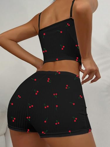 Image of Hilinker Womens Graphic 2 Piece Pajama Set Summer Cute Crop Cami and Shorts Ribbed Lounge Sets