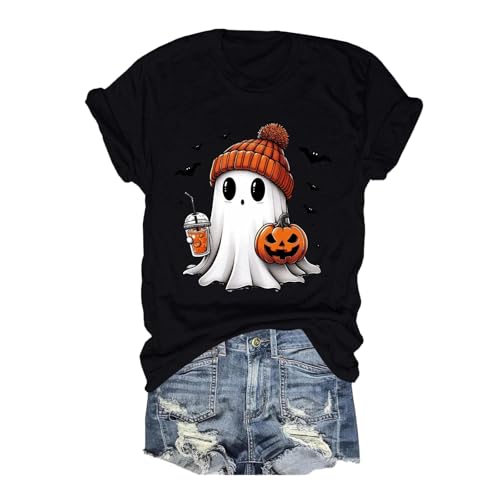 Camiseta casual de manga corta con estampado de Halloween para mujer, divertida, cómoda y elegante, Negro , M