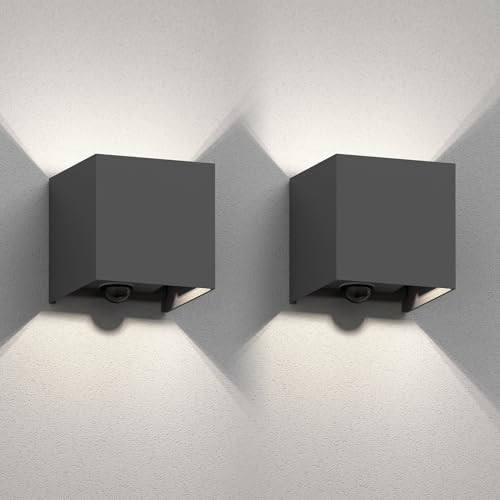 ledscom.de 2 Stück Wandleuchte CUBEL, Bewegungsmelder, für außen, anthrazit, IP65, Up & Downlight, quadratisch + LED Lampe 596lm, weiß